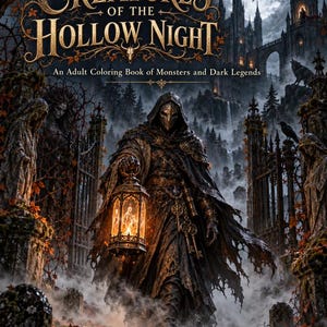 May include: Creatures of the Hollow Night: An Adult Coloring Book of Monsters and Dark Legends by Oak & Forge Press. The cover features a hooded figure in a dark cloak holding a glowing lantern in a misty, gothic graveyard with stone statues.