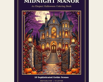 Midnight Manor Gothic Halloween Coloring Book, 10 Elegant Scenes (PDF Download)