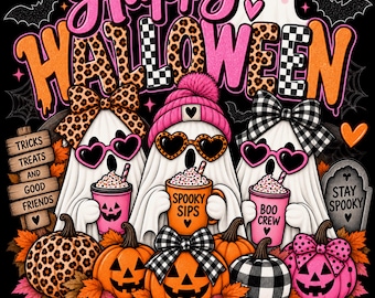 Boo Crew Halloween PNG, Ghosts and Playful Patterned Lettering Shirt Graphic, Digital Download