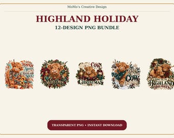 Highland Cow Holiday PNG Bundle, 12 Christmas Fall Winter Designs, 300 DPI Sublimation Clipart