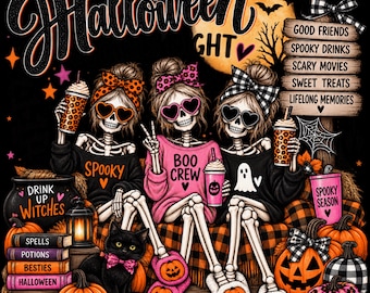 Halloween Girls’ Night PNG, Friends in Witch Hats and Halloween Pumpkins Shirt Graphic, Digital Download