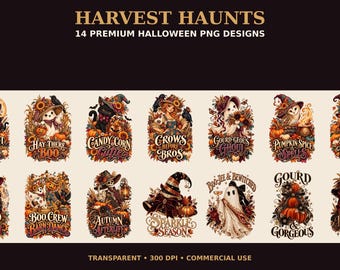 Harvest Haunts Halloween PNG Bundle, Elegant Spooky Sublimation Designs (14 Files)