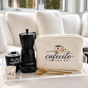 Cafecito On The Go Gift Set, Electric Moka Pot, Travel Tumbler, Gold Spoons, Embroidered Pouch