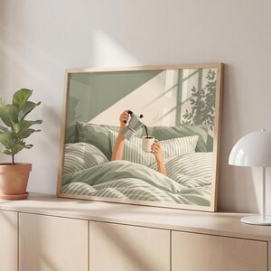 Koffie in bed kunstprint, Moka Pot ochtendillustratie, saliegroene gezellige slaapkamerposter