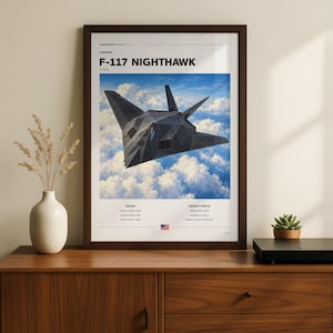 May include: A framed poster featuring a Lockheed F-117 Nighthawk aircraft flying above clouds. The print includes technical specifications, the text F-117 NIGHTHAWK, and a small United States flag. The poster is displayed in a dark brown wooden frame.
