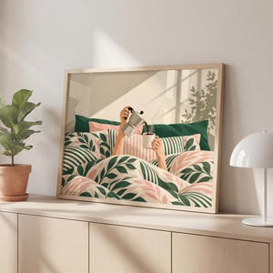 Coffee in Bed Art Print, Cosy Morning Moka Pot Illustration, Green Pink Bedroom Poster