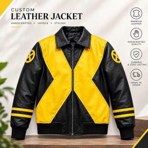Può includere: Una giacca in pelle nera e gialla con un design centrale a forma di X, colletto ripiegato, chiusura frontale con zip e polsini a coste. Ogni manica presenta un emblema circolare giallo con una X e due strisce gialle orizzontali.