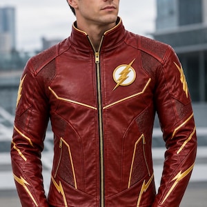 Handmade Real Leather Flash-Inspired Jacket, Men’s Red And Black Superhero Cosplay Jacket, Gold Lightning Bolt Design