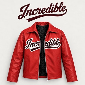 Op de afbeelding: Een felrode jas met een klassieke kraag, lange mouwen en een zilveren ritssluiting aan de voorzijde. Het woord "Incredible" staat in een donkerrood cursief lettertype op de borst en boven de jas gedrukt. Zwarte gewatteerde voering.