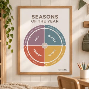 May include: A framed educational wall poster titled SEASONS OF THE YEAR featuring a circular diagram divided into four colored quadrants representing Fall, Winter, Spring, and Summer, with corresponding months listed along the outer edges.