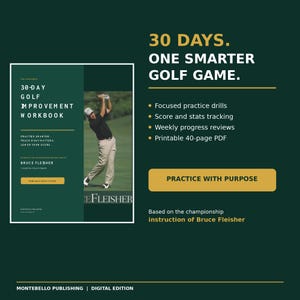Peut inclure: Un cahier d'exercices numérique de 30 jours pour améliorer son golf, avec une couverture vert foncé montrant un golfeur en chemise noire et pantalon beige. Le texte indique 30 DAYS. ONE SMARTER GOLF GAME, exercices, suivi et PDF de 40 pages.