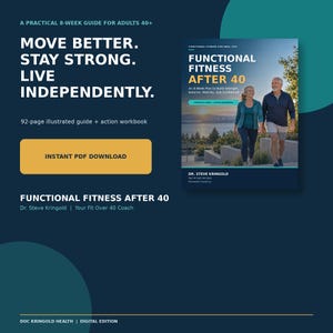 May include: A 92-page digital guide and action workbook titled Functional Fitness After 40 by Dr. Steve Kringold. The cover features a photo of two people walking outdoors. Text includes Move Better. Stay Strong. Live Independently. Instant PDF Download.