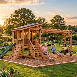 May include: A wooden outdoor playset featuring a small elevated cabin with a roof, a green slide, a climbing wall with handholds, a staircase, and a pergola extension with three hanging swings, including two standard seats and one round disc swing.
