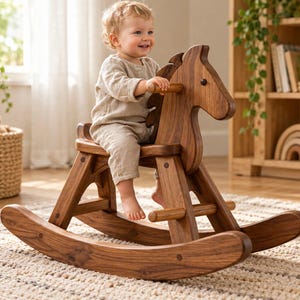 Peut inclure: Un cheval à bascule en bois brun foncé doté d'une finition lisse et polie, d'un siège incurvé, de deux poignées horizontales et de deux patins incurvés à la base. La structure est fabriquée en bois massif avec des veines apparentes.