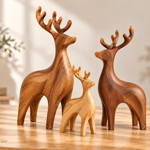May include: A set of three standing deer figurines carved from wood with smooth, polished surfaces. The figures vary in size and wood grain color, ranging from light tan to deep brown, each featuring detailed antlers and curved bodies.