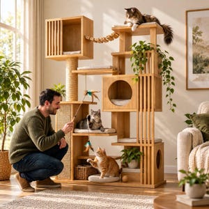 May include: A multi-level wooden cat tree featuring several platforms, a hanging bridge, two enclosed cubbies with circular openings, and sisal-wrapped scratching posts. The structure includes soft cushions and is decorated with trailing green plants.