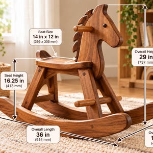 May include: A wooden rocking horse with a dark brown finish. Dimensions include an overall height of 29 inches, length of 36 inches, width of 19.5 inches, seat height of 16.25 inches, and a seat size of 14 inches by 12 inches.