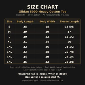 Gildan 5000 t-shirt size chart showing body width, body length, and sleeve measurements for sizes S through 5XL.