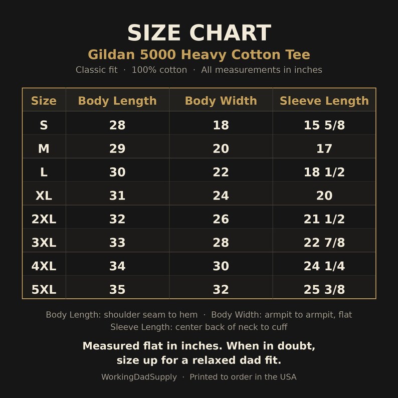 Gildan 5000 t-shirt size chart showing body width, body length, and sleeve measurements for sizes S through 5XL.