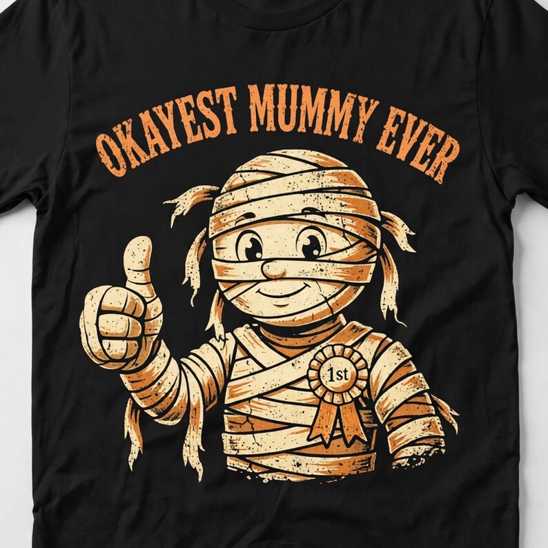 Close-up of the Okayest Mummy Ever print on a black t-shirt, showing the mummy artwork and pun lettering in crisp detail.
