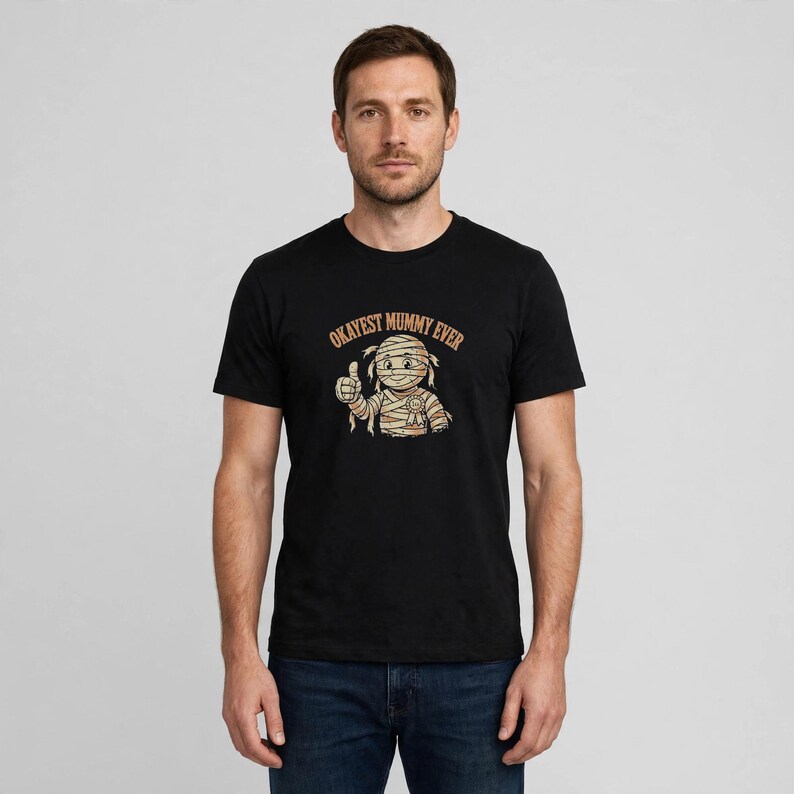 Okayest Mummy Ever funny Halloween dad pun t-shirt on male model, black Gildan 5000 tee with mummy graphic — spooky season gift.