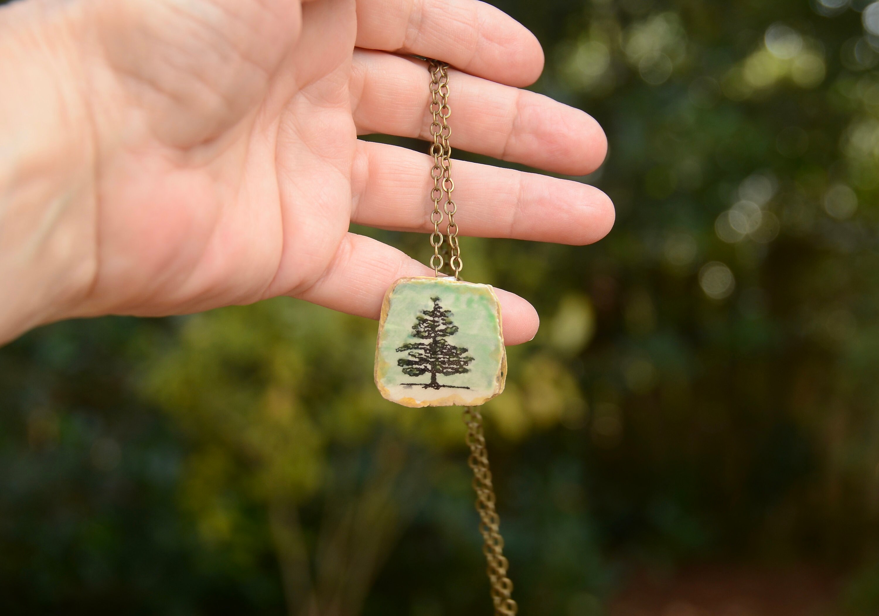 Ceramic Tree Pendant Necklace, Handmade  - Arizona Tree - 20" Brass Chain