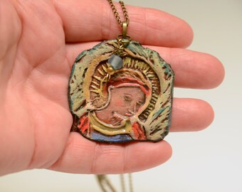 Handmade Mother Mary Ceramic Pendant Necklace with Beaded Charm