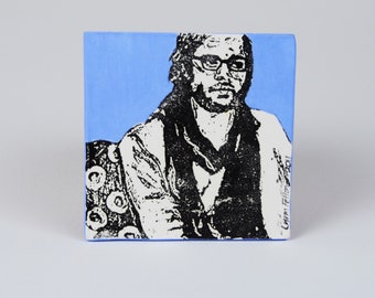 Handmade Ceramic Coaster, The Director on Blue, Coffee Table Art, Clay Coaster