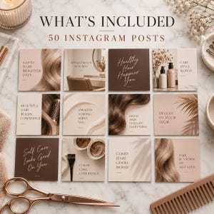 Puede incluir: Una colección digital de 50 plantillas para publicaciones de Instagram con imágenes en tonos neutros de cabello, herramientas de peluquería y superposiciones de texto. Los diseños incluyen frases como Good Hair Brighter Days y Healthy Hair Happier You.