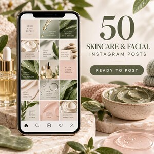 Puede incluir: Una pantalla de smartphone que muestra una cuadrícula de 15 plantillas de publicaciones de Instagram para cuidado de la piel y facial. El texto 50 SKINCARE & FACIAL INSTAGRAM POSTS y READY TO POST aparece a la derecha. La cuadrícula presenta tonos neutros, imágenes botánicas y superposiciones de texto como GLOW KIND REPEAT y SKINCARE IS SELFCARE.