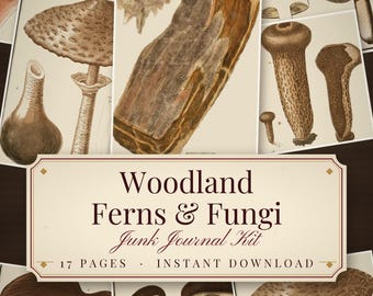 Woodland Fern Mushroom Junk Journal Kit, Printable Fungi Ephemera, Forest Tags, Antique Plates