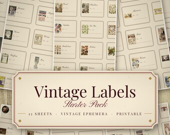 Vintage Ephemera Labels Printable, 12 Antique Sheets, Digital Scrapbook Paper PDF