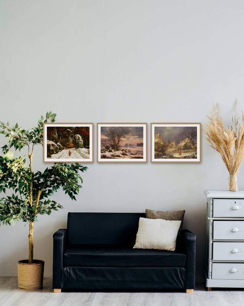 Vintage Winter Landscape Print Set of 3, Snowy Oil Paintings, Rustic ...