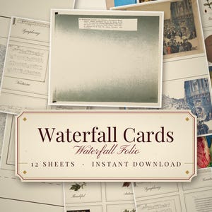 Puede incluir: Una colección de hojas de papel imprimibles con ilustraciones de estilo vintage, partituras musicales y etiquetas de texto. La etiqueta rectangular central dice Waterfall Cards, Waterfall Folio, 12 Sheets, Instant Download en letras marrón oscuro.