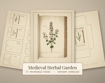 Medieval Herbal Junk Journal Kit, Printable Monastery Garden Ephemera, Antique Herb Woodcuts, Labels