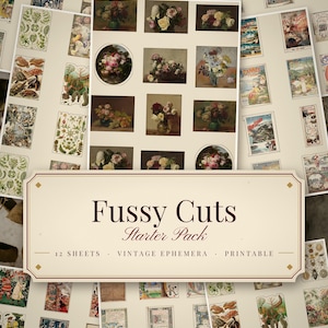 Vintage Fussy Cuts Printable, 12 Sheets Antique Ephemera Stickers, Junk Journal PDF