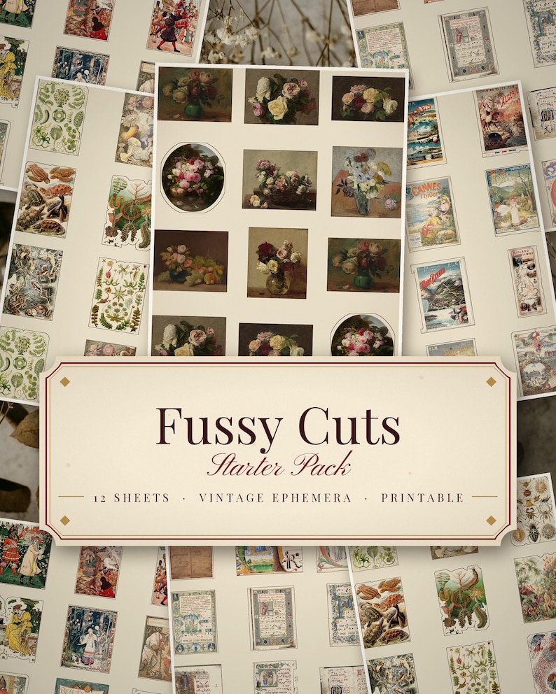 Vintage Fussy Cuts Printable, 12 Sheets Antique Ephemera Stickers, Junk Journal PDF