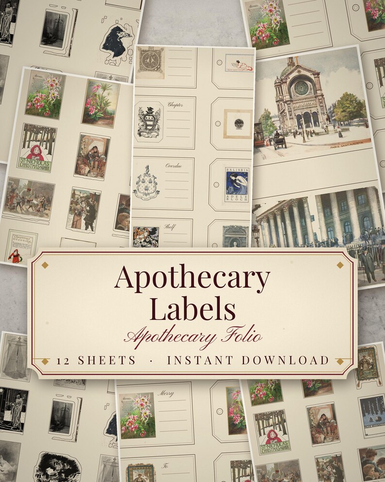 Victorian Apothecary Labels Pack, 12 Sheets Printable Tincture Jar Ephemera, Poi - photo 1