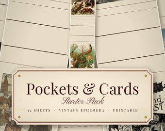 Vintage Junk Journal Pockets, Library Cards and Seed Packets, 12-Sheet Printable PDF