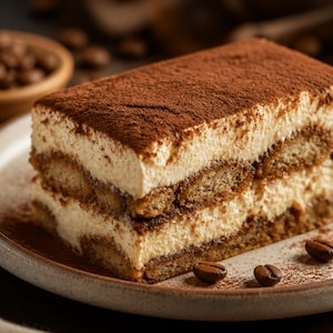 Könnte beinhalten: Ein rechteckiges Stück Tiramisu mit Schichten aus Creme und in Kaffee getränkten Löffelbiskuits, bestäubt mit Kakaopulver. Das Dessert wird auf einem runden Keramikteller mit verstreuten gerösteten Kaffeebohnen serviert.
