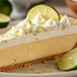 Può includere: Una fetta di torta al lime con una base di biscotto dorato, un ripieno cremoso giallo pallido e uno spesso strato di panna montata bianca. La torta è guarnita con una fetta di lime fresco e scorza di lime verde.