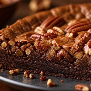 Op de afbeelding: Een donkerbruine chocolade brownie cake belegd met hele en gehakte pecannoten. De cake heeft een dichte, vochtige textuur met een dunne, gebarsten korst aan de bovenkant. Enkele kleine stukjes pecannoot liggen verspreid op het bord.