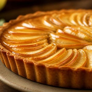 Può includere: Una torta di mele rotonda con fettine di mela dorate e tagliate sottili, disposte in un motivo circolare su una base cotta con bordo scanalato. La superficie della frutta ha una finitura lucida e la pasta è di un colore marrone dorato chiaro.