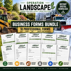 Könnte beinhalten: Ein digitales Geschäftsvorlagen-Paket für den Garten- und Landschaftsbau mit zehn professionellen Formularen wie Kostenvoranschlägen, Rechnungen und Protokollen. Das Design enthält den Text Operation Landscape und Business Forms Bundle.