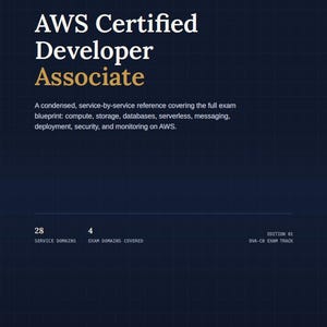 May include: A dark blue certification field guide titled AWS Certified Developer Associate. The text includes a description of the exam blueprint, 28 service domains, 4 exam domains covered, and the DVA-C02 exam track, edition 01, on a grid background.