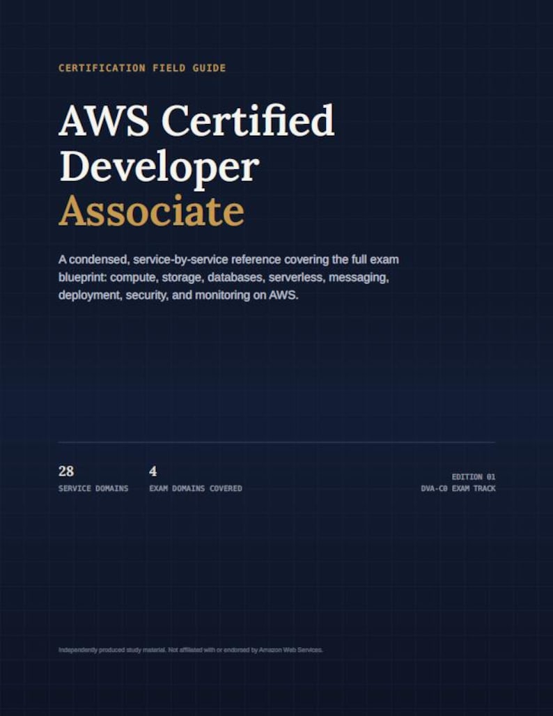 May include: A dark blue certification field guide titled AWS Certified Developer Associate. The text includes a description of the exam blueprint, 28 service domains, 4 exam domains covered, and the DVA-C02 exam track, edition 01, on a grid background.
