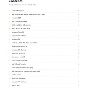 May include: A white page titled Contents, listing twenty-eight service domains in study order. The text includes AWS Infrastructure, Amazon EC2, Amazon S3, AWS Lambda, and Amazon DynamoDB, with corresponding page numbers ranging from 5 to 95.