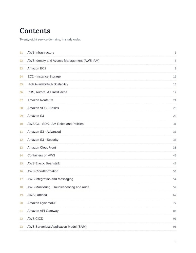 May include: A white page titled Contents, listing twenty-eight service domains in study order. The text includes AWS Infrastructure, Amazon EC2, Amazon S3, AWS Lambda, and Amazon DynamoDB, with corresponding page numbers ranging from 5 to 95.