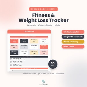 Fitness Tracker Spreadsheet, Workout Log, Weight Loss Tracker, Meal & Habit Tracker, Gym Planner, Excel and Google Sheets + Workout Tips