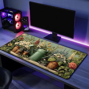 May include: A rectangular desk mat featuring a printed garden scene with a green watering can, copper-colored pots, and various blooming flowers including white daisies and pink blossoms on a dark green leafy background.